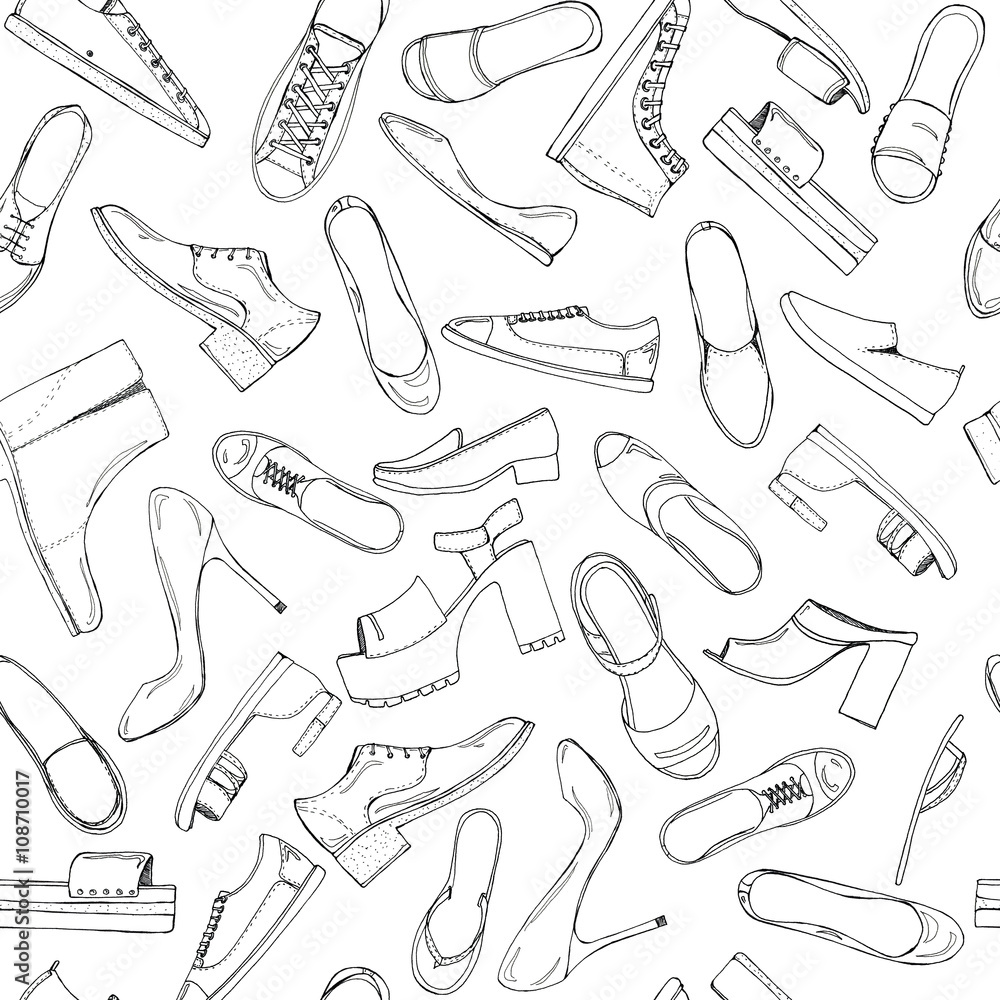 Hand drawn sketch seamless pattern of Shoes - running shoes sneakers, boots, ballet flats, flip flops, tractor sole shoes, loafer with lettering. Coloring book
Hand drawn sketch seamless pattern of Shoes - running shoes sneakers, boots, ballet flats, flip flops, tractor sole shoes, loafer with lettering. Coloring book