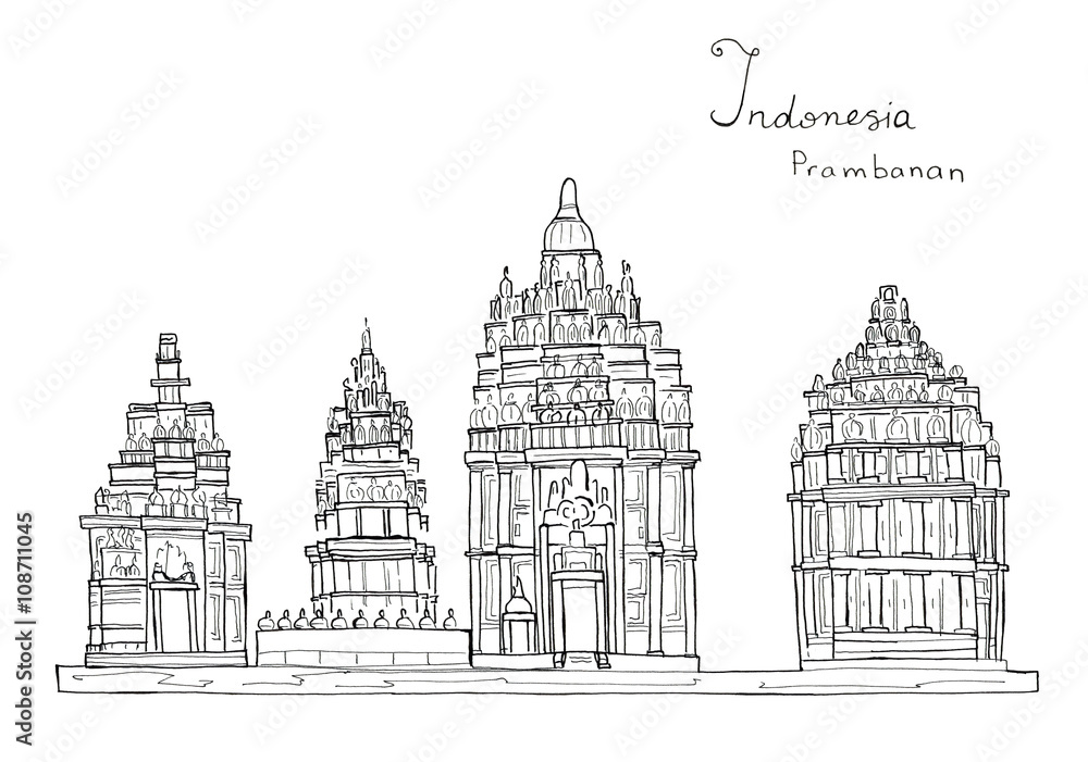 Hand drawn sketch illustration architecture landmark of Indonesia Prambanan temle isolated