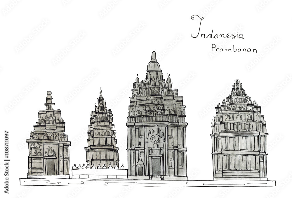 Watercolor Hand drawn sketch illustration architecture landmark of Indonesia Prambanan temle isolated