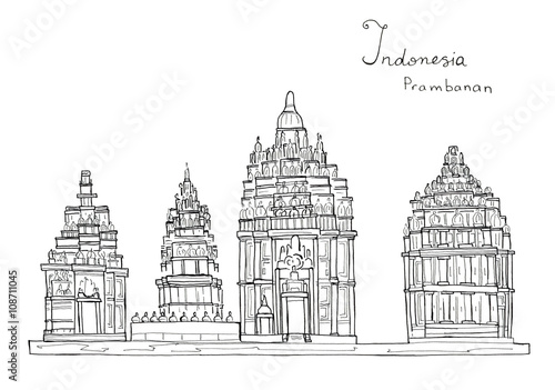 Hand drawn sketch illustration architecture landmark of Indonesia Prambanan temle isolated photo