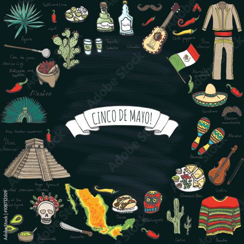 Cinco De Mayo hand drawn cartoon collection Doodle Mexico set Vector illustration Sketchy mexican food icons United Mexican States elements Maracas Sombrero Maya Pyramid Aztec Tequila Chili pepper