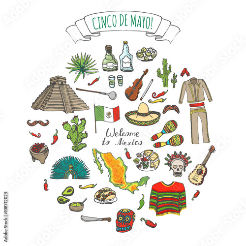 Cinco De Mayo hand drawn cartoon collection Doodle Mexico set Vector illustration Sketchy mexican food icons United Mexican States elements Maracas Sombrero Maya Pyramid Aztec Tequila Chili pepper