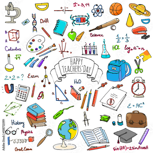 Freehand drawing school items, Back to School. Hand drawing set of school supplies sketchy doodles vector illustration, doodles, science, physics, calculus, oral exam, history, biology