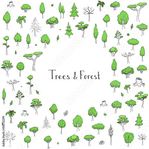 Hand drawn doodle stylized vector tree collection Vector tree silhouette isolated on white background Tree different size and forms Tree icons set Tree eco nature Green collection of tree Leaves Tree