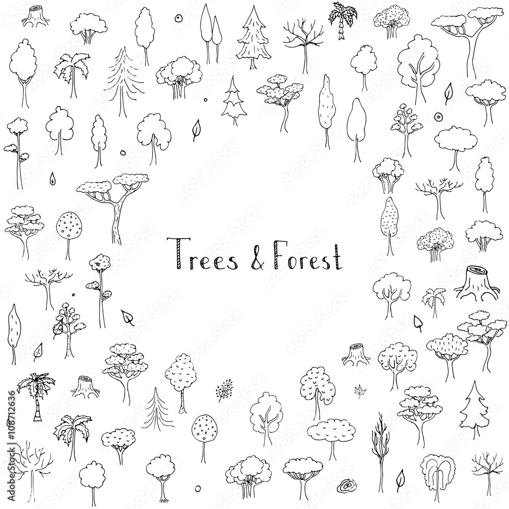Hand drawn doodle stylized vector tree collection Vector tree silhouette isolated on white background Tree different size and forms Tree icons set Tree eco nature Green collection of tree Leaves Tree Hand drawn doodle stylized vector tree collection Vector tree silhouette isolated on white background Tree different size and forms Tree icons set Tree eco nature Green collection of tree Leaves Tree
