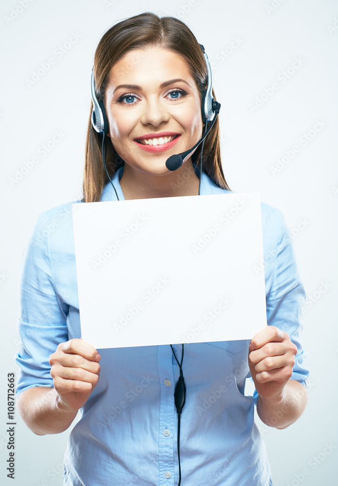 Call center operator hold blank sign board Call center operator hold blank sign board