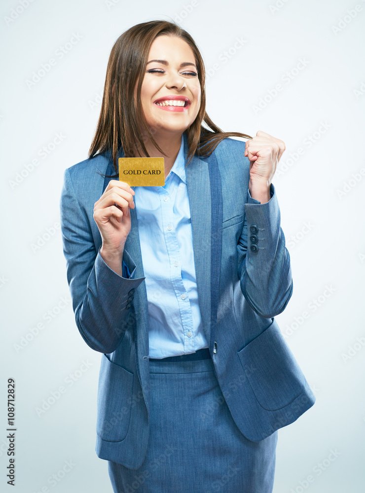 woman winning the lottery. suit credit card show. woman winning the lottery. suit credit card show.