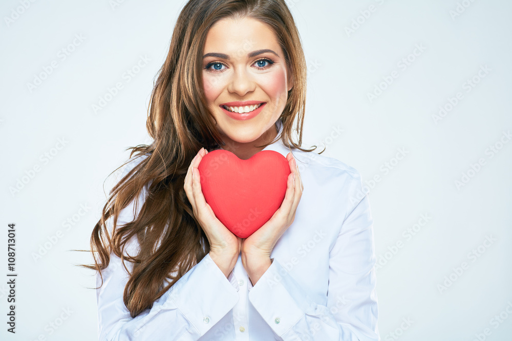 Red heart symbol of Valentines day smiling woman hold. Red heart symbol of Valentines day smiling woman hold.