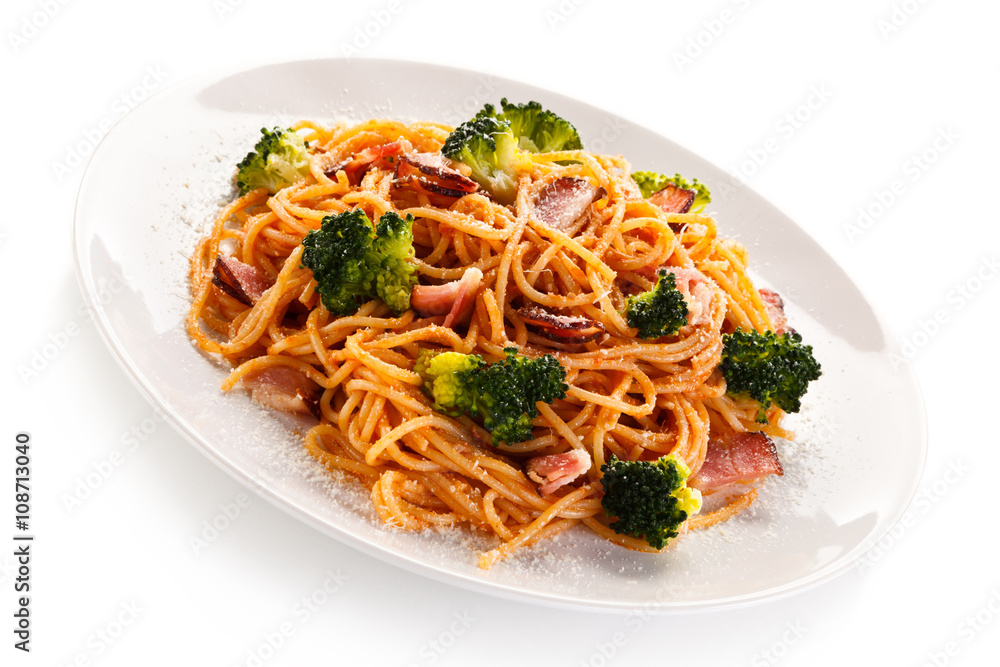 Pasta with pesto sauce, ham, Parmesan and broccoli Pasta with pesto sauce, ham, Parmesan and broccoli
