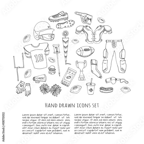 Hand drawn doodle american football set Vector illustration Sketchy sport related icons football elements  ball helmet jersey pants knee thigh shoulder pads cleats field cheerleading down indicator