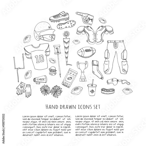 Hand drawn doodle american football set Vector illustration Sketchy sport related icons football elements, ball helmet jersey pants knee thigh shoulder pads cleats field cheerleading down indicator