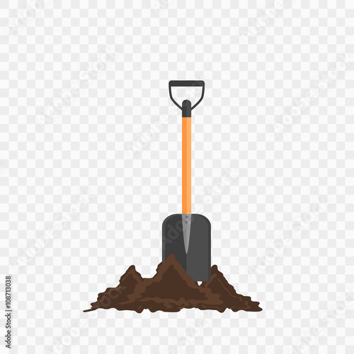 Shovel in the ground. Gardening tool on checked background. 