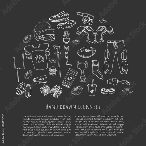 Hand drawn doodle american football set Vector illustration Sketchy sport related icons football elements, ball helmet jersey pants knee thigh shoulder pads cleats field cheerleading down indicator