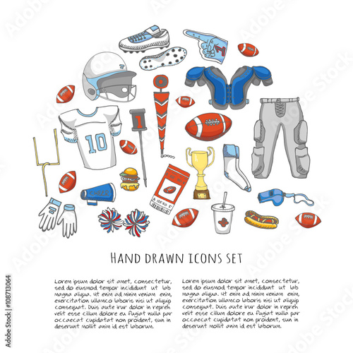 Hand drawn doodle american football set Vector illustration Sketchy sport related icons football elements, ball helmet jersey pants knee thigh shoulder pads cleats field cheerleading down indicator