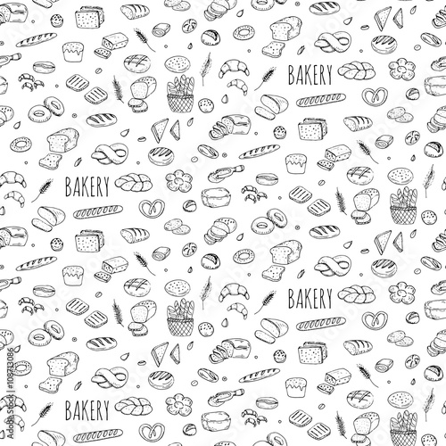 Seamless background hand drawn doodle Bakery set Cartoon bakery icon collection Rye bead Ciabatta Whole grain bread Bagel Sliced bead French baguette Croissant Vector illustration Sketchy bread Bakery