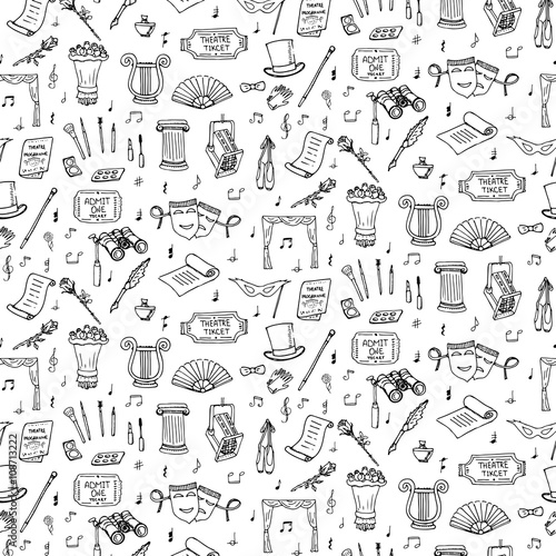 Seamless background theater hand drawn doodle Theatre set Vector illustration Sketchy theater icons Acting performance elements Ticket Masks Lyra Curtain stage Musical notes Pointe shoes Make-up tools