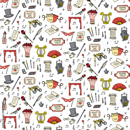 Seamless background theater hand drawn doodle Theatre set Vector illustration Sketchy theater icons Acting performance elements Ticket Masks Lyra Curtain stage Musical notes Pointe shoes Make-up tools