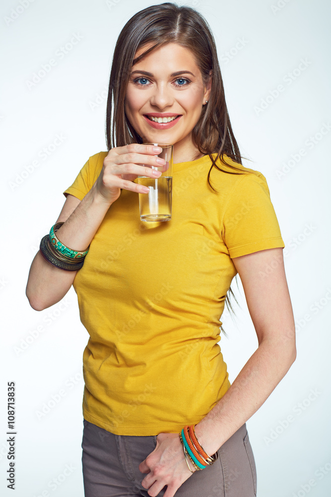 Woman drink water from glass. Isolated portrait. Woman drink water from glass. Isolated portrait.