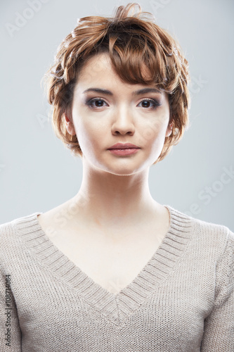 Young woman close up face beauty portrait.Short Hair style. Fem