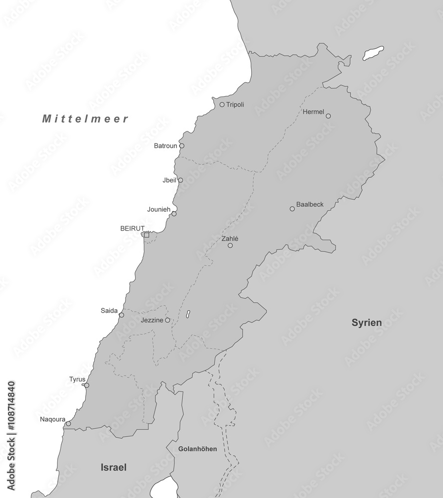 Karte von Libanon - Grau (detailliert)