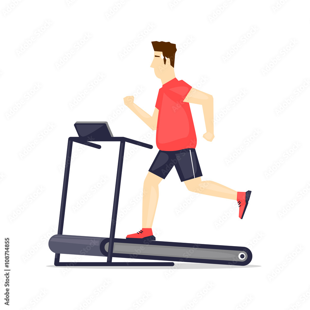 Young fat man running on treadmill, sport, fitness, athletics, healthy lifestyle. Cartoon. Vector illustration flat design. Young fat man running on treadmill, sport, fitness, athletics, healthy lifestyle. Cartoon. Vector illustration flat design.
