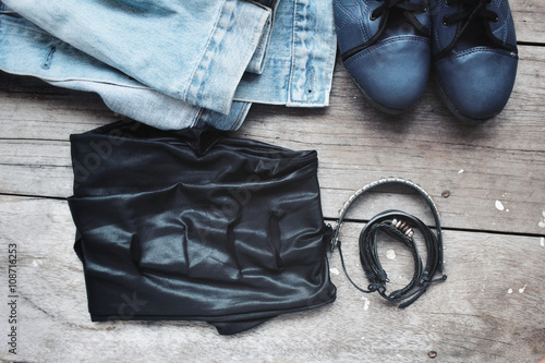 Set fashion of shoes with jeans jacket and leather bracelet