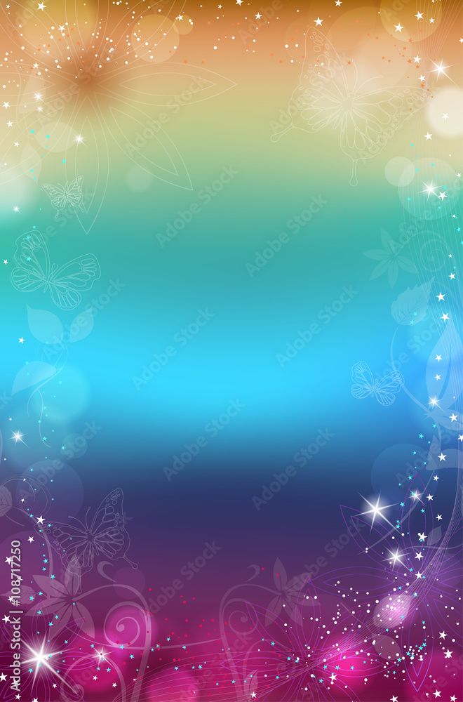 Abstract colorful background with flowers, butterflies and shine Abstract colorful background with flowers, butterflies and shine
