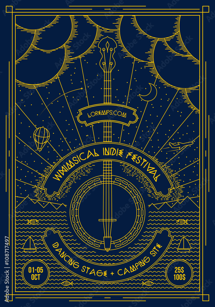 Fototapeta premium Vector music poster background template. Flyer for brochure, cover, card, festival, events. Banjo guitar geometric illustration.