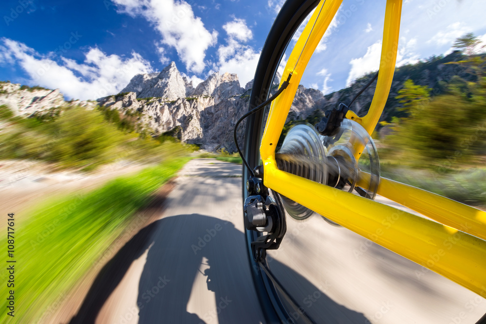 Fototapeta premium rear view of fast moving yellow bicycle mountain bike in front of mountains / mountainbike fahrrad schnell und dynamisch vor Berge der Alpen