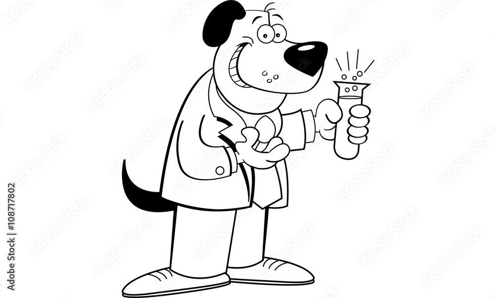 Black and white illustration of a dog holding a test tube. Black and white illustration of a dog holding a test tube.