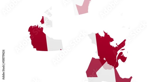 shapes of states flying in to create a full map of Canada with flag