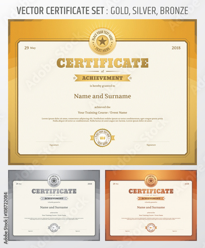 Certificate of achievement template in vector in gold silver and bronze