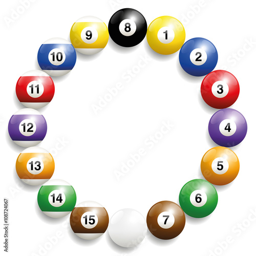 Billiard balls - round frame formed by the set of sixteen balls. Three-dimensional and realistic looking, isolated vector illustration on white background.