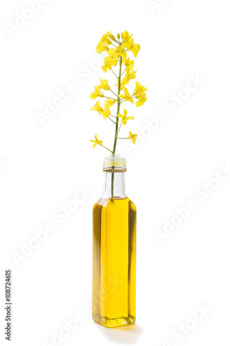 Rapeseed flower and canola oil in a bottle