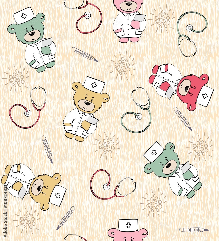 Obraz premium Seamless pattern with teddy bear doctor. Healthcare and medical research background. 