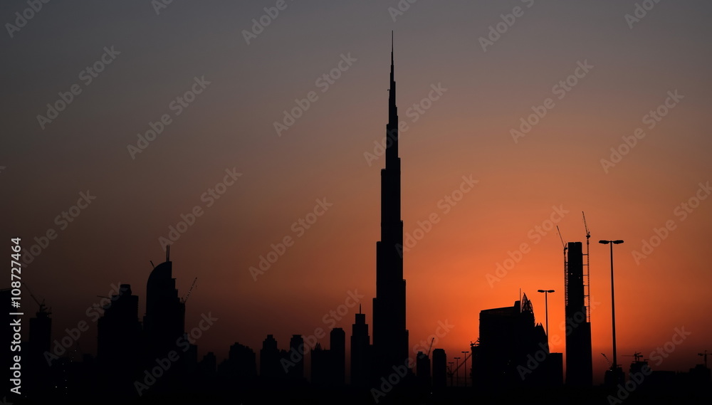 Business Bay and Burj Khalifa area in sunset, Dubai, United Arab Emirates