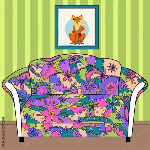 Cartoon interior with couch painted colorful silhouette