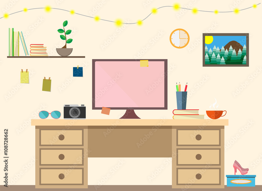 Flat modern design workplace in room. Flat modern design workplace in room.