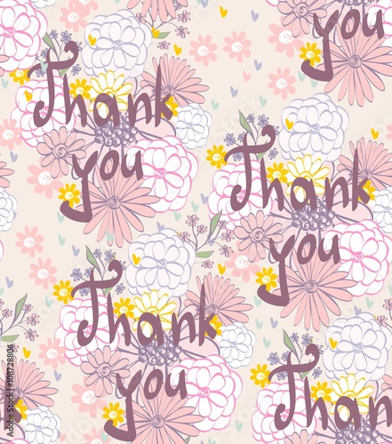 Vector Thank you script seamless pattern with flowers.
