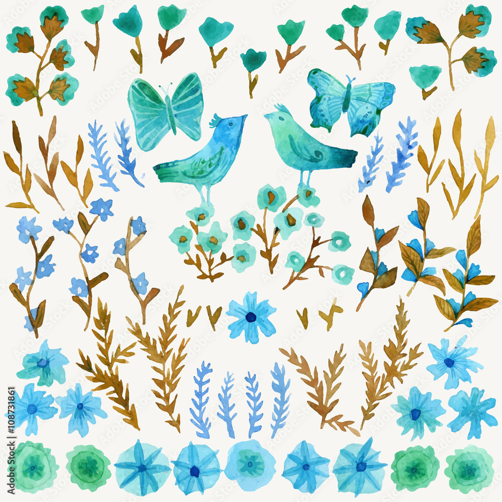 Fototapeta premium Watercolor vector set with leaves, flowers, birds and butterflys.