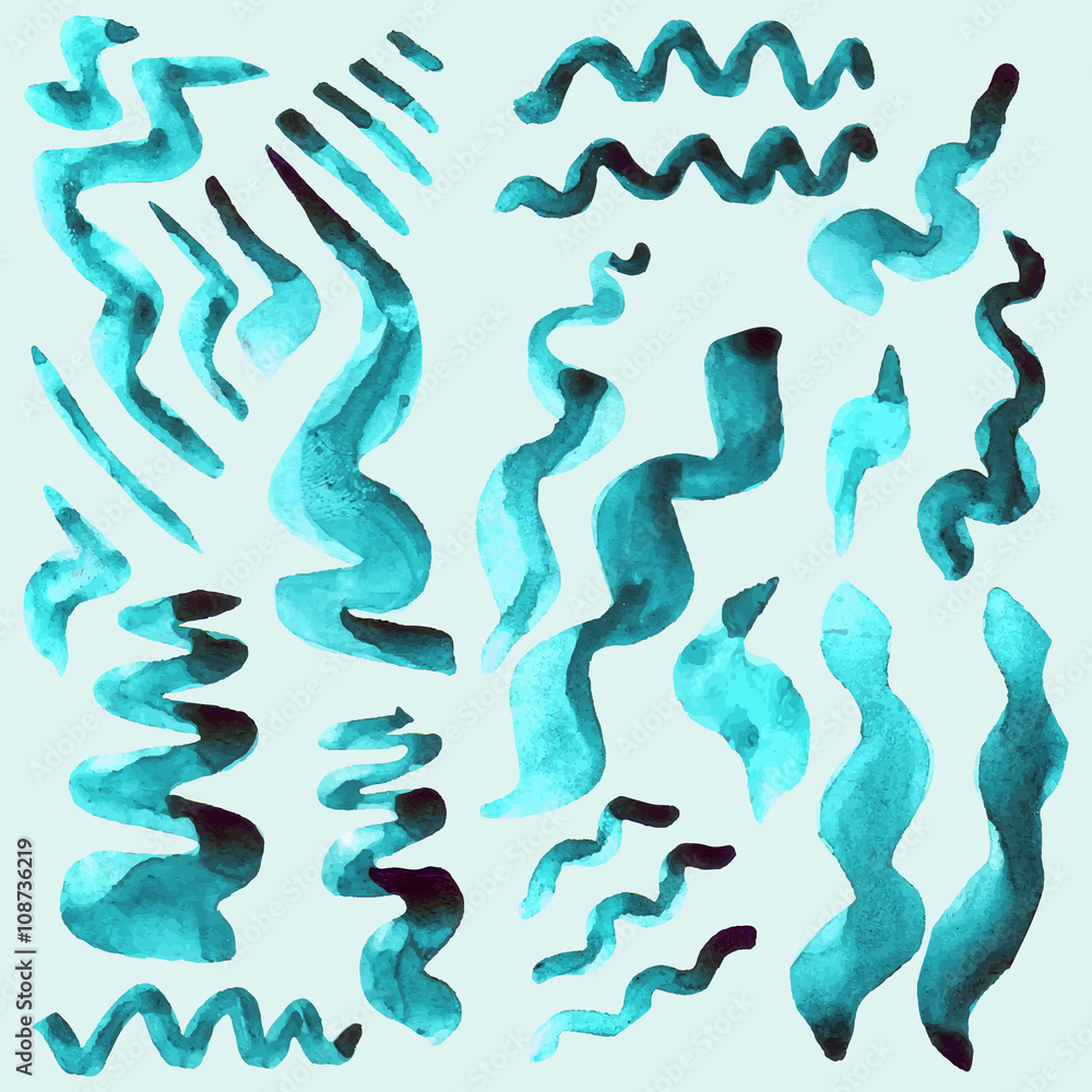 Blue watercolor brush vector strokes.