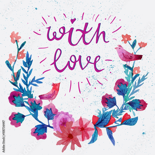 Watercolor flower laurel wreath with butterfly. Watercolor Flower Wreath and text with love.