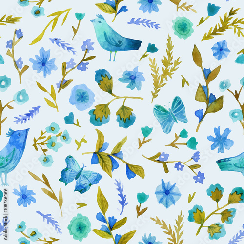 Watercolor seamless pattern with flowers  leaves  birds and butterfly.