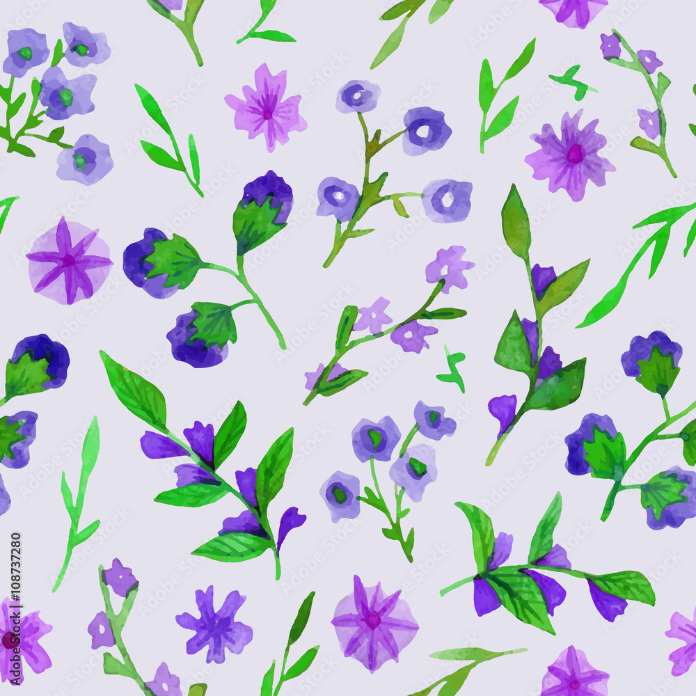 Watercolor seamless pattern with flowers and leaves.
