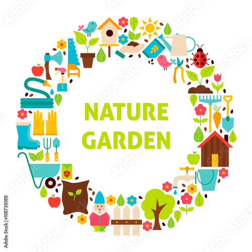 Flat Circle Set of Nature Garden Objects over White