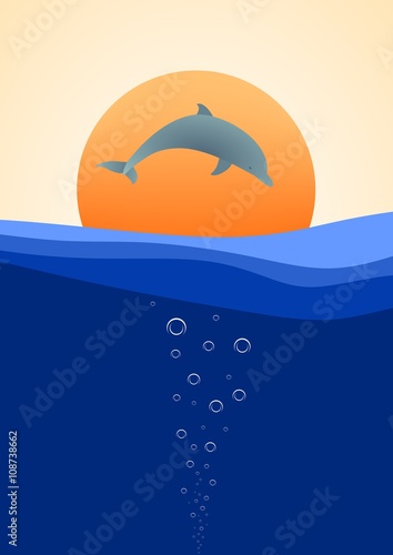 Summer landscape with the jumping dolphin over a blue surface of the sea with waves at sunset with orange sun and the air bubbles in water