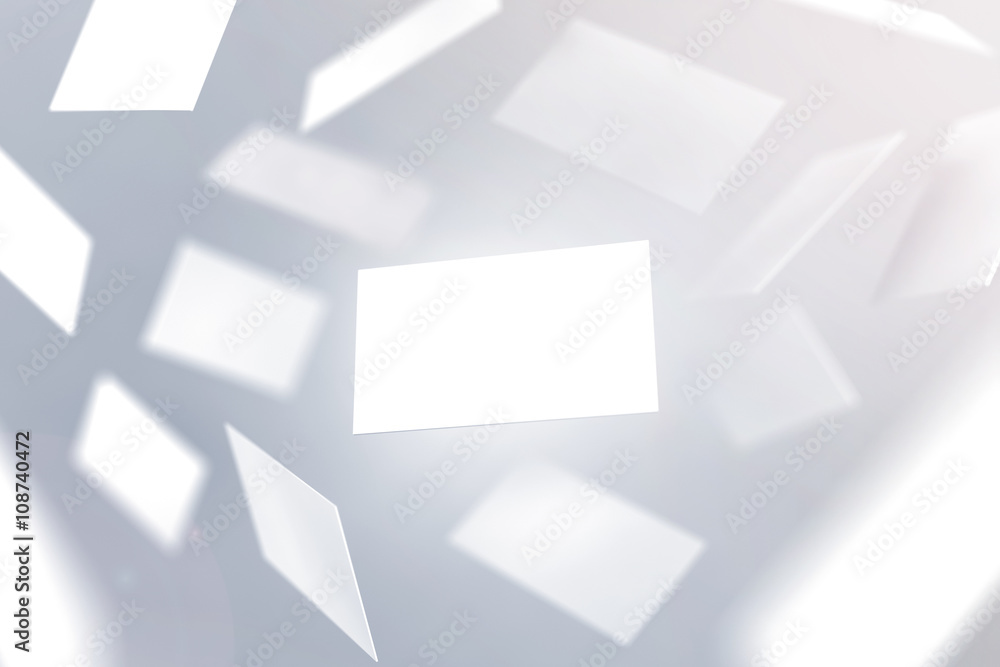 Obraz premium Blank business cards falling, 3d rendering. Namecard design mockup. Visiting clear cards mock up presentation. Calling card template for company name, phone number, email address. Corporate branding