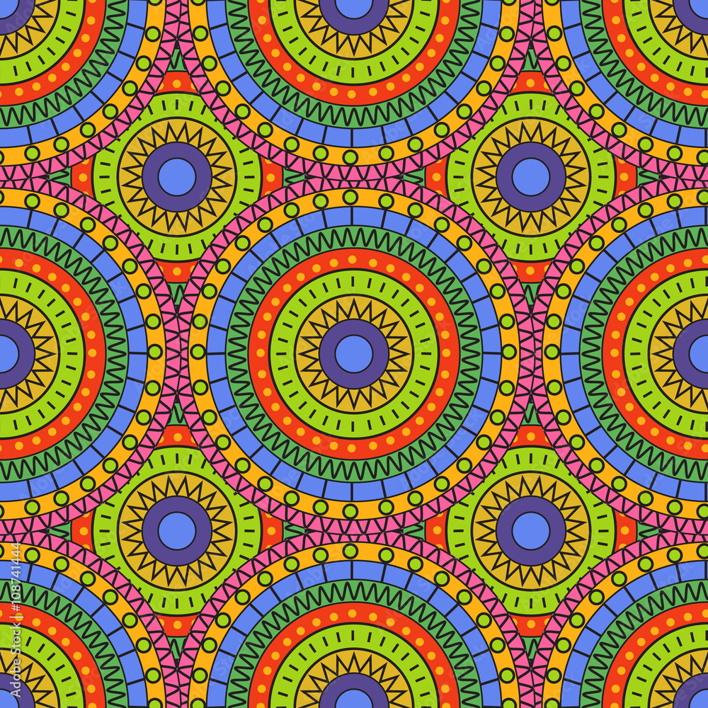 Seamless background with multi-colored circles and abstract ethnic patterns