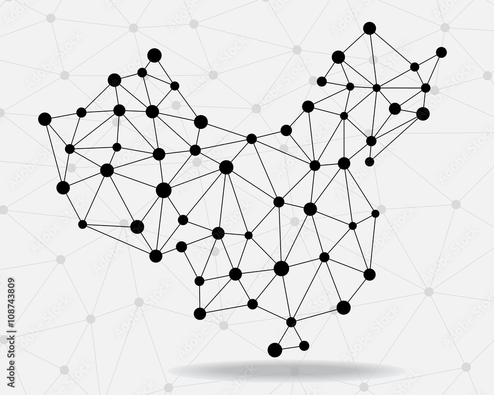 Abstract polygonal China map with dots and lines, network connections, vector illustration Abstract polygonal China map with dots and lines, network connections, vector illustration