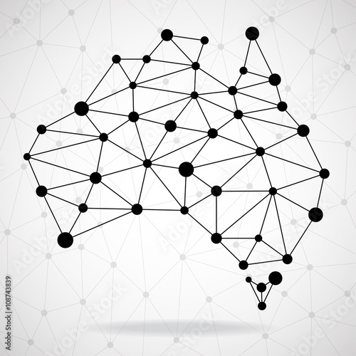 Abstract polygonal Australia map with dots and lines, network connections, vector illustration